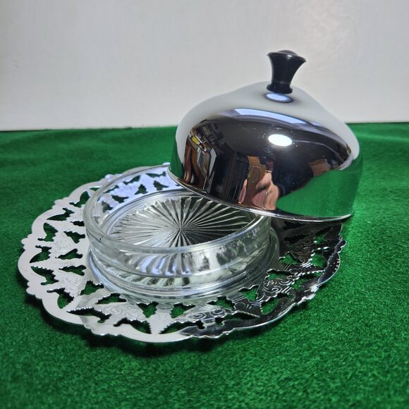 Mid Century Butter Dish with Lid Black Handle Glass Insert 3 Piece Vintage - Picture 1 of 7